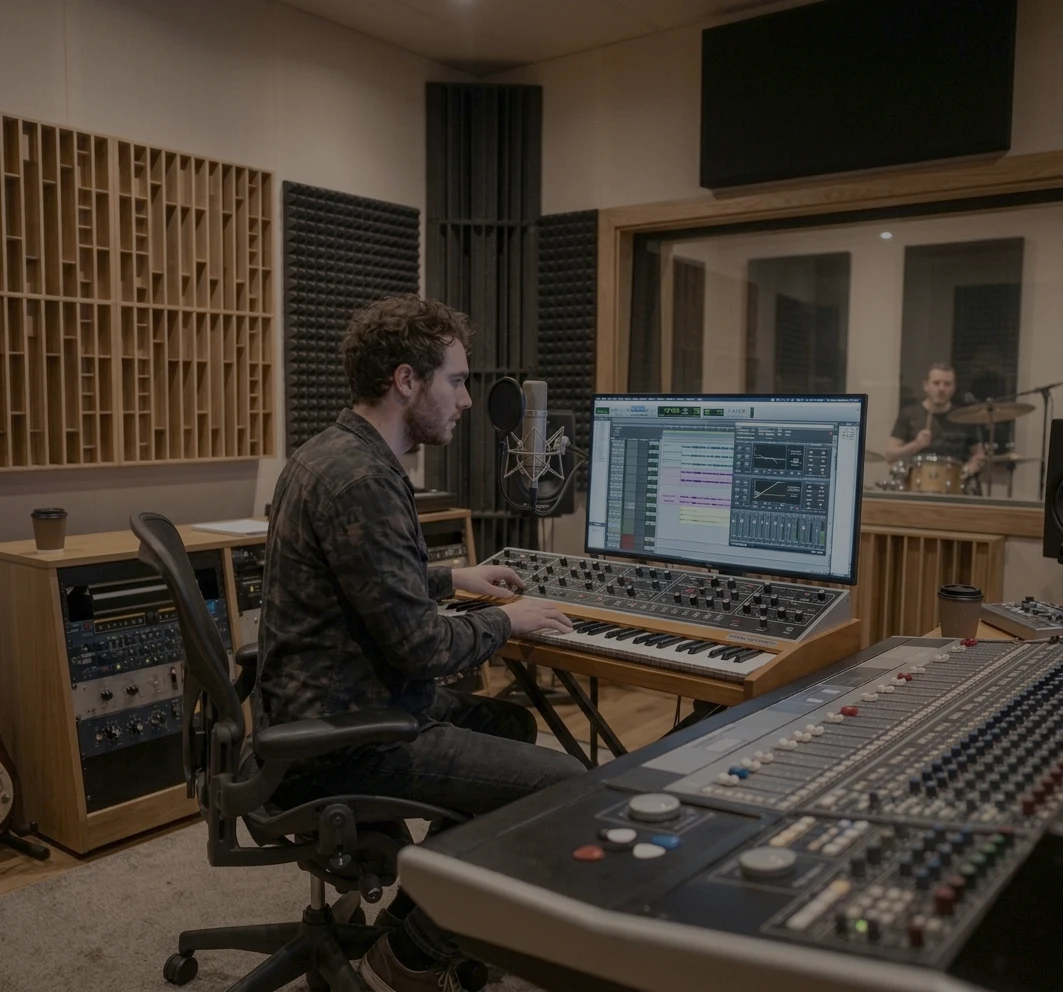 Musician playing guitar in the studio
